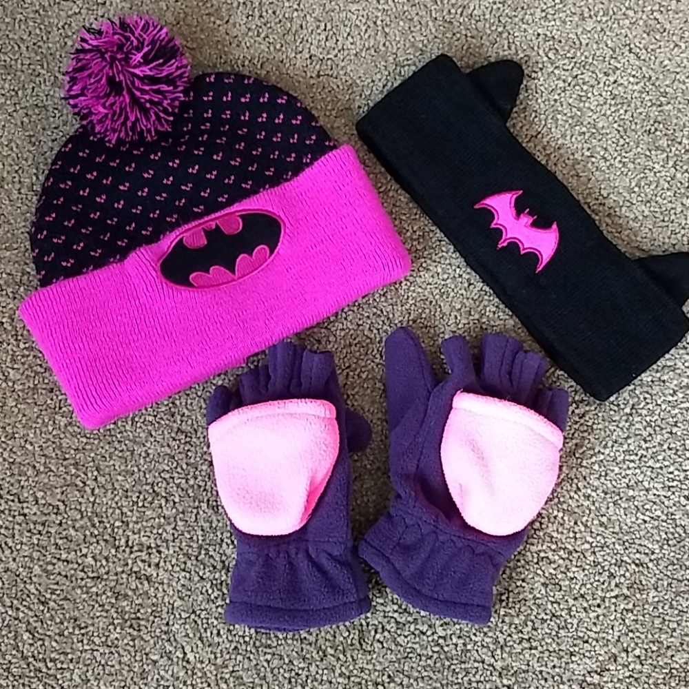Batman Kids Girls Hat Ear Warmer‎ Glove Bundle Pink Black Winter Warm Snow Puff